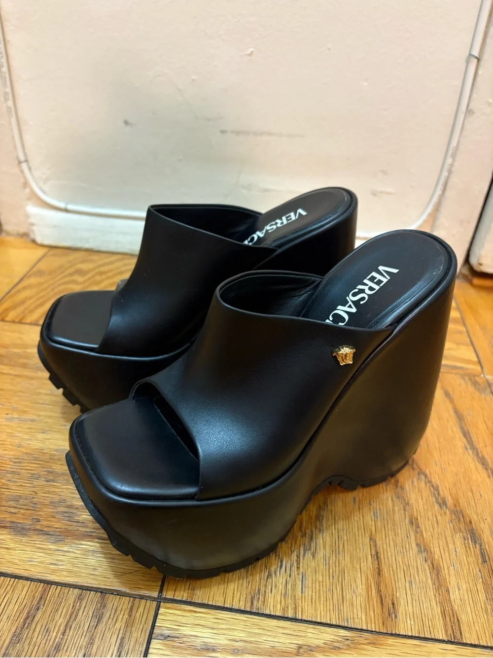 Versace Black Leather Platform Slide Wedges with Gold Medusa Accent